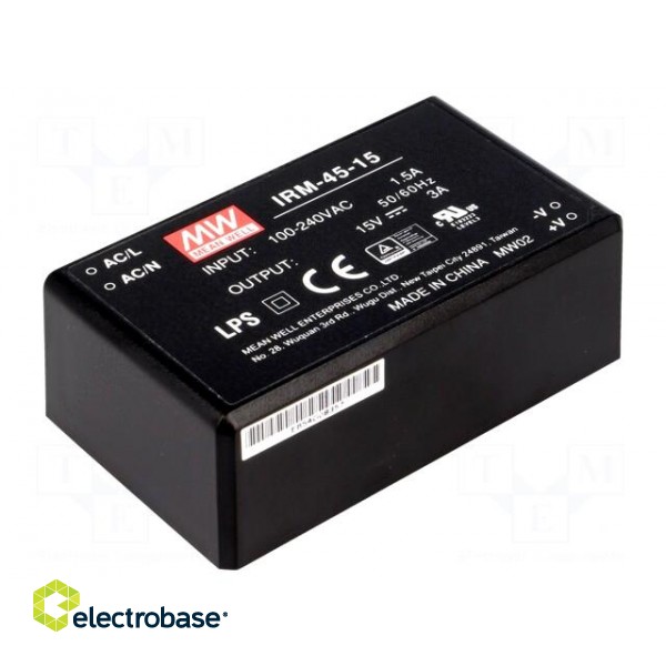 Power supply: switched-mode | modular | 45W | 15VDC | 87x52x29.5mm | 3A image 1