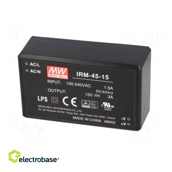 Power supply: switched-mode | modular | 45W | 15VDC | 87x52x29.5mm | 3A image 3