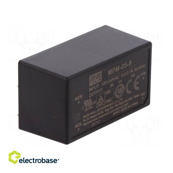 Power supply: switched-mode | modular | 5W | 5VDC | 45.7x25.4x21.5mm image 2