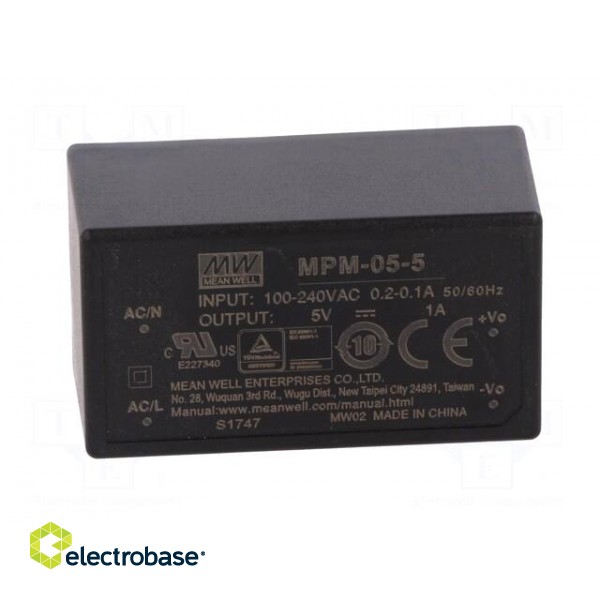Power supply: switched-mode | modular | 5W | 5VDC | 45.7x25.4x21.5mm image 3
