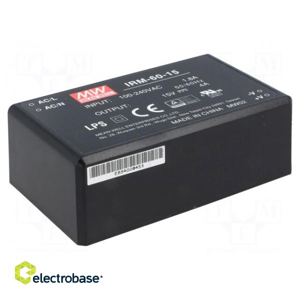 Power supply: switched-mode | modular | 60W | 15VDC | 87x52x29.5mm | 4A image 1