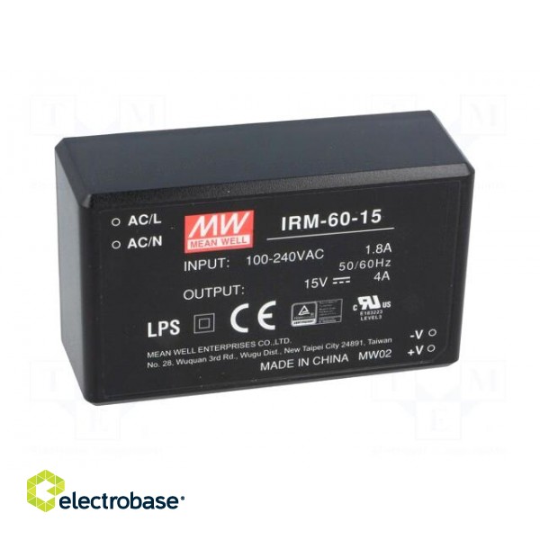 Power supply: switched-mode | modular | 60W | 15VDC | 87x52x29.5mm | 4A image 9