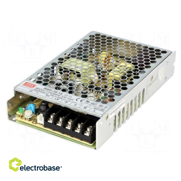 Power supply: switched-mode | modular | 75W | 15VDC | 159x97x30mm фото 1