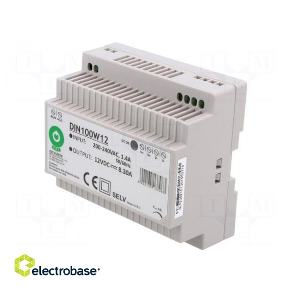 Power supply: switched-mode | for DIN rail | 100W | 12VDC | 0÷8.3A