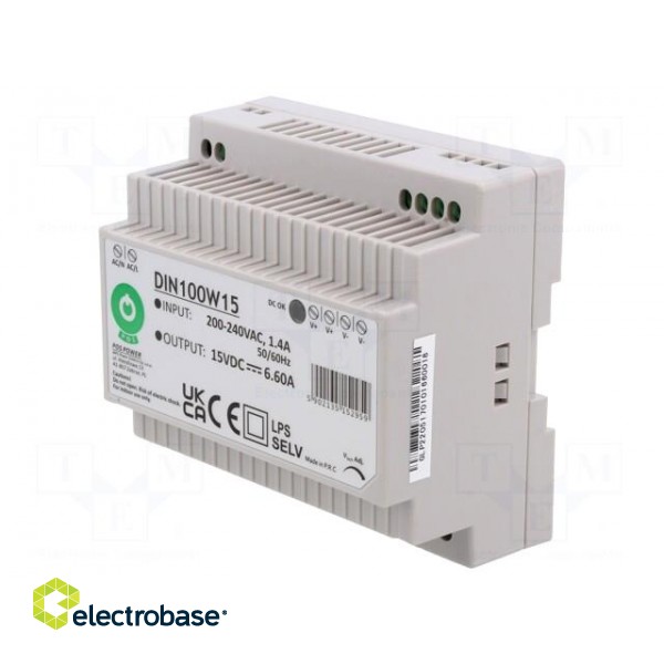 Power supply: switched-mode | for DIN rail | 100W | 15VDC | 0÷6.66A