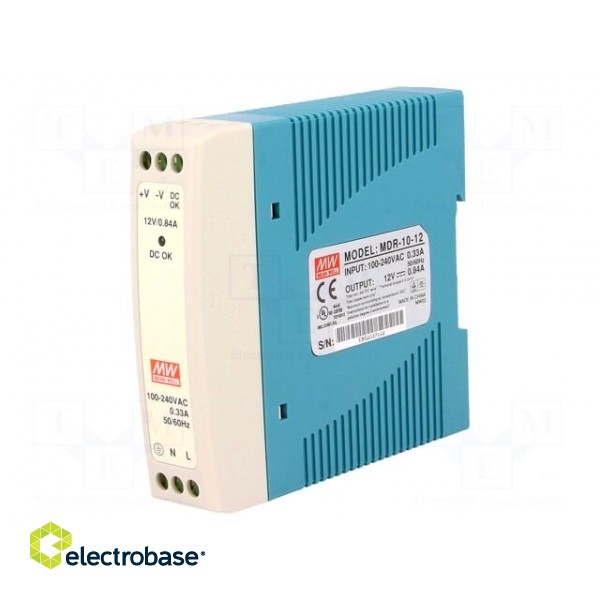 Power supply: switched-mode | for DIN rail | 10W | 12VDC | 0.84A | 81% фото 1