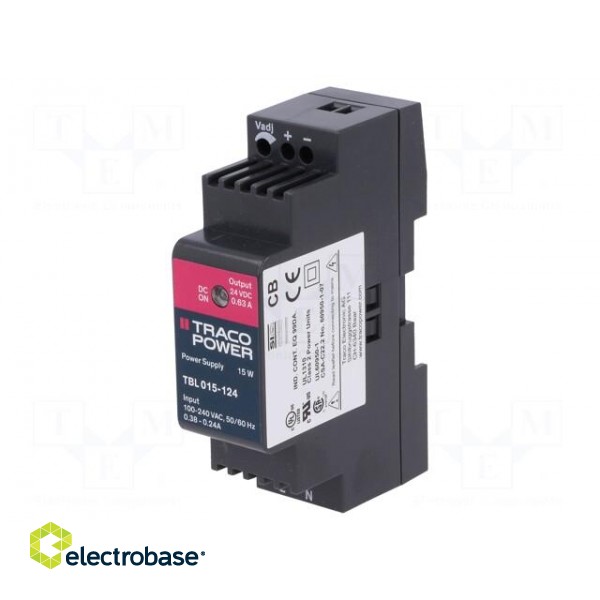 Power supply: switched-mode | for DIN rail | 15W | 24VDC | 0.63A | 81% image 1