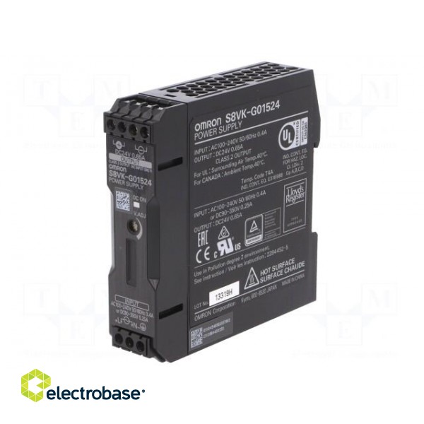 Power supply: switched-mode | for DIN rail | 15W | 24VDC | 0.65A | S8VK image 1