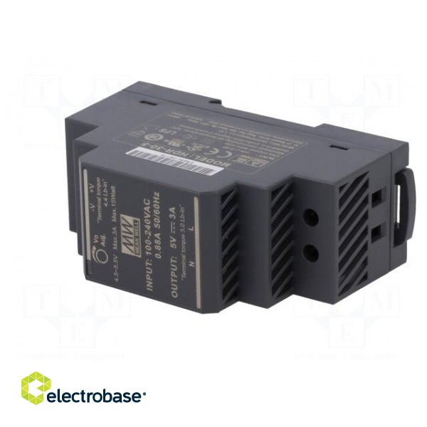 Power supply: switched-mode | for DIN rail | 15W | 5VDC | 3A | OUT: 1 фото 2