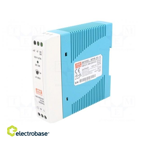 Power supply: switched-mode | for DIN rail | 20W | 12VDC | 1.67A | 80% image 1