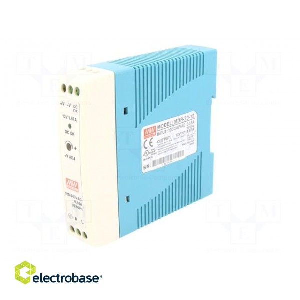 Power supply: switched-mode | for DIN rail | 20W | 12VDC | 1.67A | 80% image 2