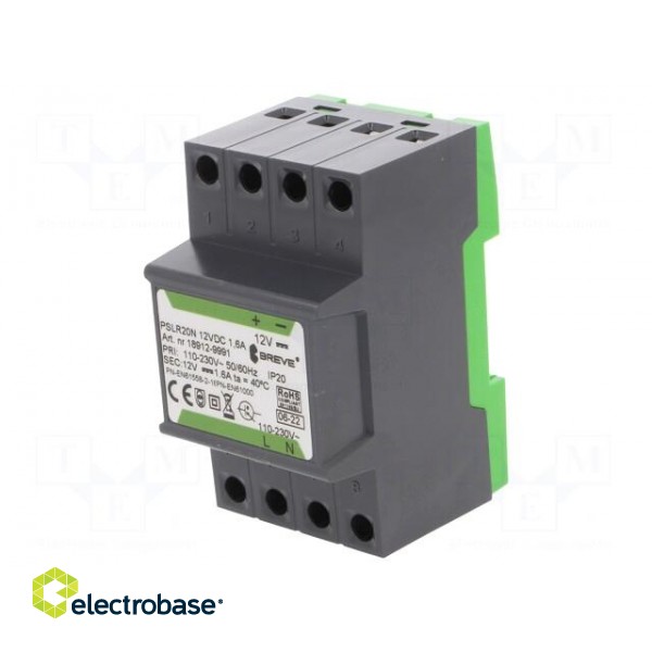 Power supply: switched-mode | for DIN rail | 20W | 12VDC | 1.6A | OUT: 1 фото 1