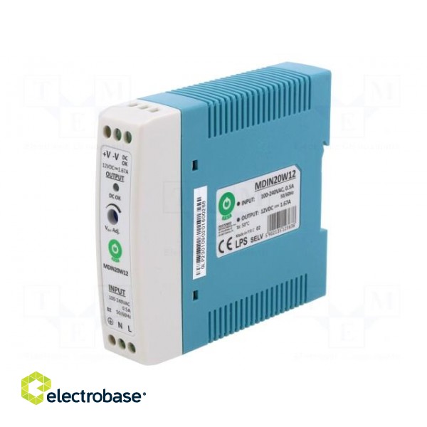 Power supply: switched-mode | for DIN rail | 20W | 12VDC | 0÷1.67A