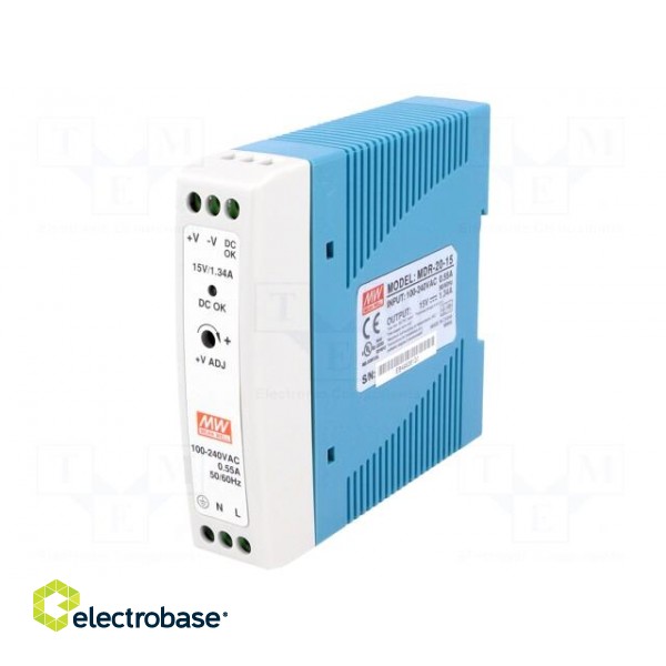 Power supply: switched-mode | for DIN rail | 20W | 15VDC | 1.34A | 81% image 1