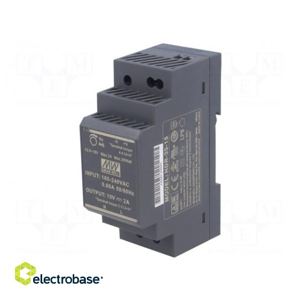 Power supply: switched-mode | 30W | 15VDC | 13.5÷18VDC | 2A | 85÷264VAC фото 1
