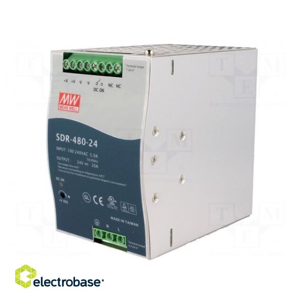 Power supply: switched-mode | for DIN rail | 480W | 24VDC | 20A | OUT: 1 paveikslėlis 1