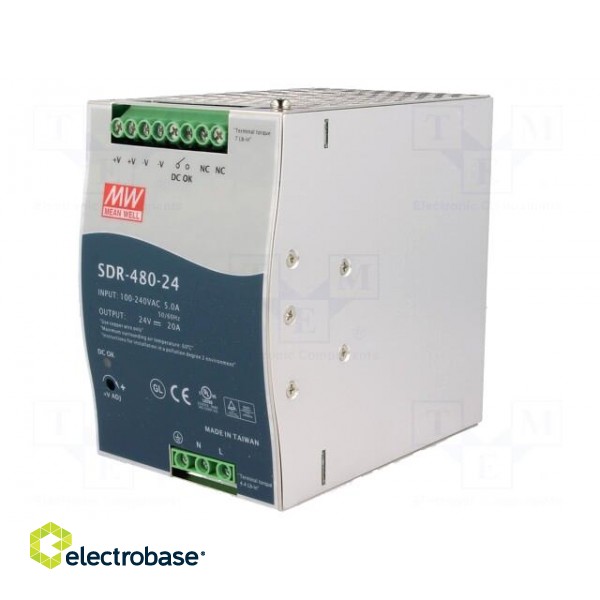 Power supply: switched-mode | for DIN rail | 480W | 24VDC | 20A | OUT: 1 фото 2