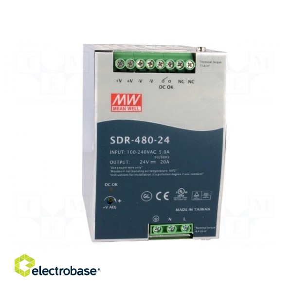 Power supply: switched-mode | for DIN rail | 480W | 24VDC | 20A | OUT: 1 фото 9