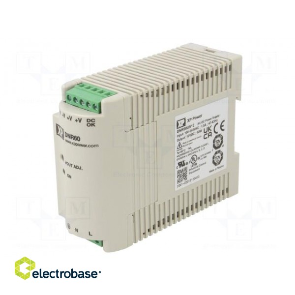Power supply: switched-mode | for DIN rail | 60W | 12VDC | 5A | 86% image 1