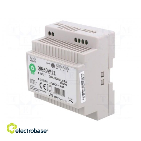Power supply: switched-mode | for DIN rail | 60W | 12VDC | 0÷5A | OUT: 1