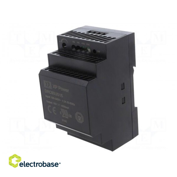 Power supply: switched-mode | for DIN rail | 60W | 15VDC | 4A | 89% image 1