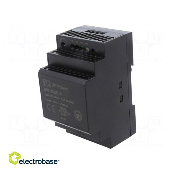 Power supply: switching | for DIN rail | 60W | 15VDC | 4A | 85÷264VAC image 1