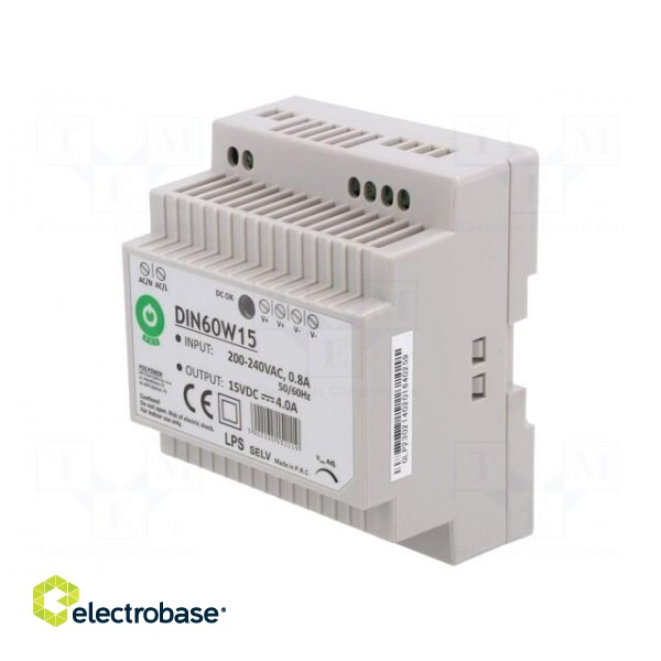 Power supply: switched-mode | for DIN rail | 60W | 15VDC | 0÷4A | OUT: 1