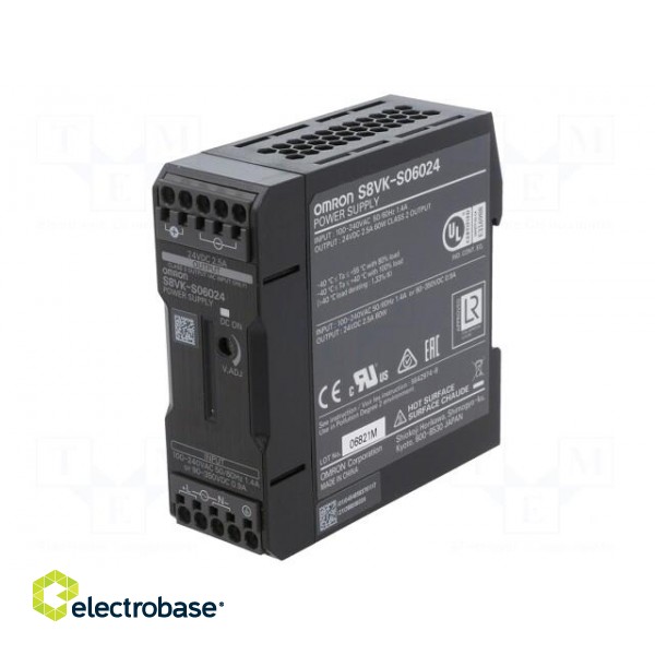 Power supply: switched-mode | for DIN rail | 60W | 24VDC | 2.5A | OUT: 1 фото 1