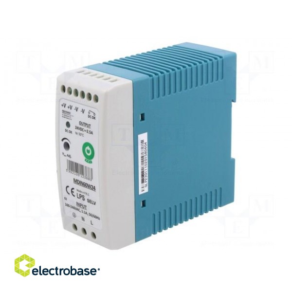 Power supply: switched-mode | for DIN rail | 60W | 24VDC | 180÷264VAC