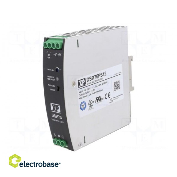 Power supply: switched-mode | for DIN rail | 75W | 12VDC | 6.3A | 88% paveikslėlis 1