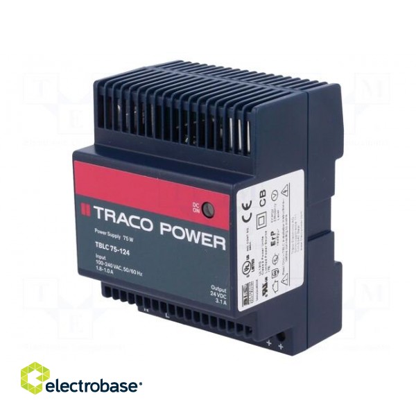 Power supply: switched-mode | 75W | 24VDC | 24÷28VDC | 3.1A | 85÷264VAC фото 1