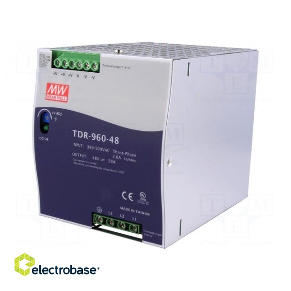 Power supply: switched-mode | for DIN rail | 960W | 48VDC | 20A | OUT: 1 фото 1