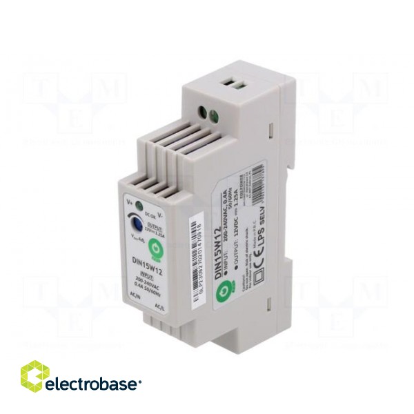 Power supply: switched-mode | for DIN rail | 15W | 12VDC | 0÷1.25A фото 1