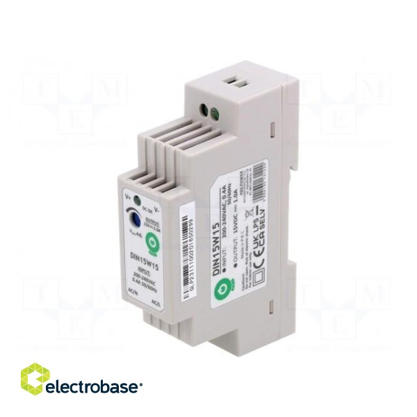 Power supply: switched-mode | for DIN rail | 15W | 15VDC | 0÷1A | OUT: 1 фото 1