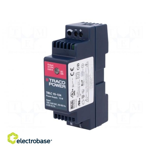 Power supply: switched-mode | 15W | 24VDC | 24÷28VDC | 0.63A | 80g | 85% image 1