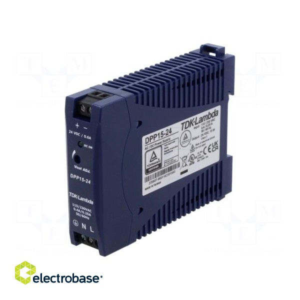Power supply: switched-mode | for DIN rail | 15W | 24VDC | 630mA | 80%