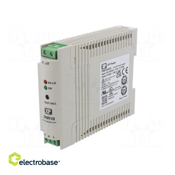 Power supply: switched-mode | for DIN rail | 18W | 24VDC | 750mA | 77% фото 1