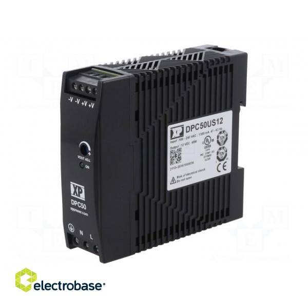 Power supply: switched-mode | for DIN rail | 50W | 12VDC | 4A | 86% image 1