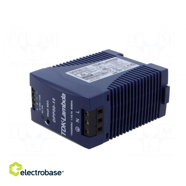 Power supply: switching | for DIN rail | 50W | 15VDC | 3.4A | 85÷264VAC paveikslėlis 2