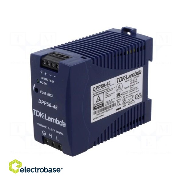 Power supply: switched-mode | for DIN rail | 50W | 48VDC | 1.05A | 87% paveikslėlis 1