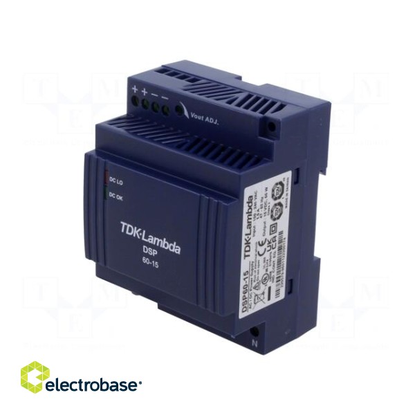 Power supply: switched-mode | for DIN rail | 60W | 15VDC | 4A | 85% image 1