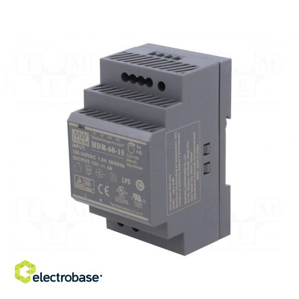Power supply: switched-mode | for DIN rail | 60W | 15VDC | 4A | OUT: 1 image 1