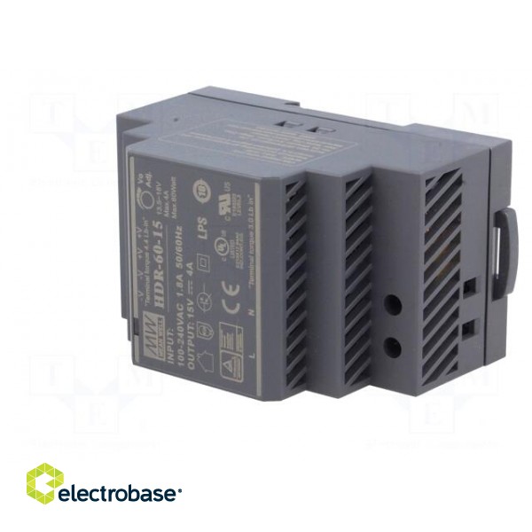 Power supply: switched-mode | for DIN rail | 60W | 15VDC | 4A | OUT: 1 image 2