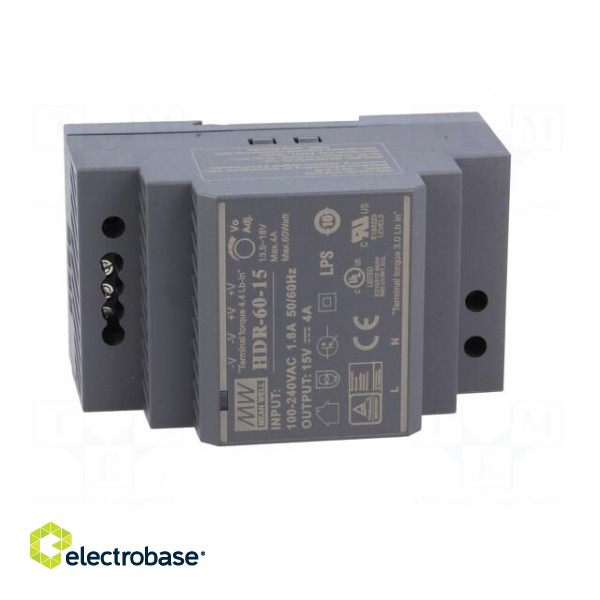 Power supply: switched-mode | for DIN rail | 60W | 15VDC | 4A | OUT: 1 фото 9
