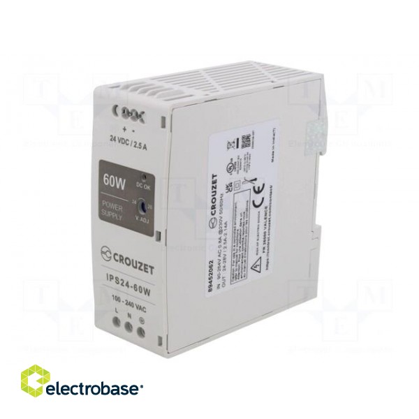 Power supply: switched-mode | for DIN rail | 60W | 24VDC | 2.5A | 87% image 1