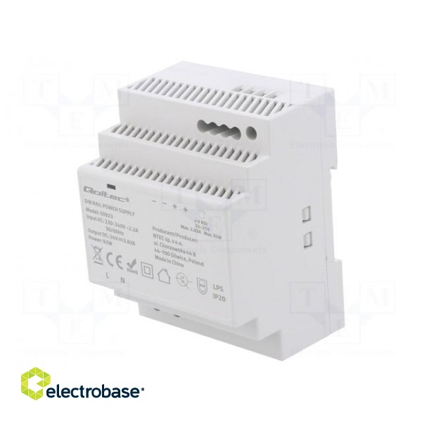 Power supply: switched-mode | for DIN rail | 92W | 24VDC | 3.83A | IP20 image 1