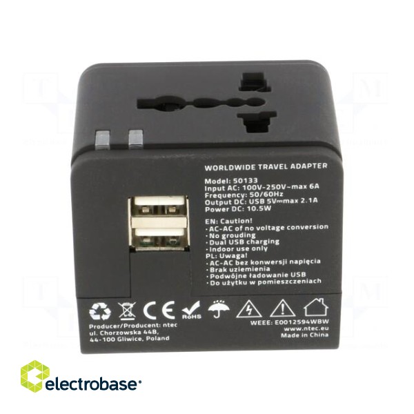 Adapter | 5VDC | 2.1A | Plug: EU | Input: USB A port x2 | Colour: black фото 5