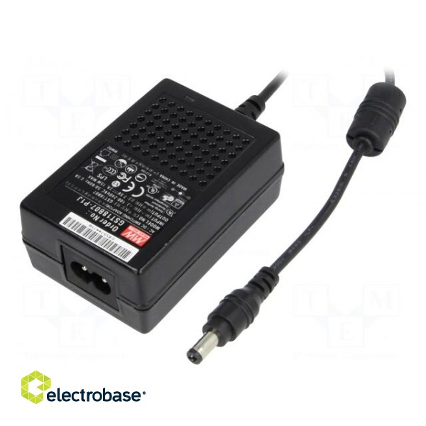 Power supply: switched-mode | 28VDC | 0.64A | Out: 5,5/2,1 | 18W | 88.5%