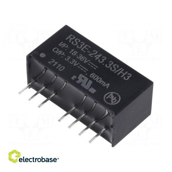 Converter: DC/DC | 3W | Uin: 18÷36V | Uout: 3.3VDC | Iout: 600mA | SIP8