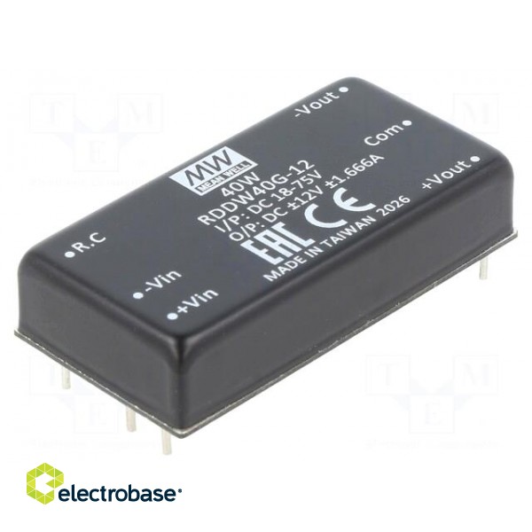 Converter: DC/DC | 40W | Uin: 18÷75V | Uout: 12VDC | Uout2: -12VDC | 2"x1" image 1